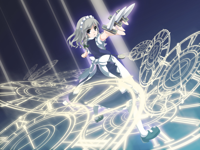 blue_eyes braid clock foreshortening grey_hair highres izayoi_sakuya knife magic_circle maid mary_janes outstretched_arms pantyhose pocket_watch shoes short_hair shouji_ayumu silver_hair spread_arms syouji_ayumu touhou twin_braids watch white_legwear