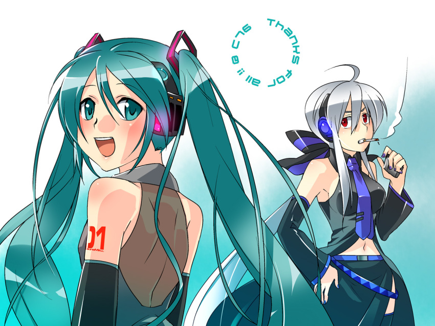 2girls caffein cigarette detached_sleeves green_eyes green_hair hatsune_miku long_hair multiple_girls red_eyes ribbon silver_hair smile smoking tattoo twintails very_long_hair vocaloid voyakiloid yowane_haku