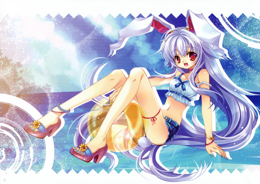 animal_ears anklet ball beachball bunny_ears bunny_tail capura.l capura_lin crop_top eternal_phantasia highres huge_filesize jewelry long_hair midriff nail_polish navel purple_hair rabbit_ears red_eyes reisen_udongein_inaba sandals scan shorts sitting skinny solo tail touhou white_hair