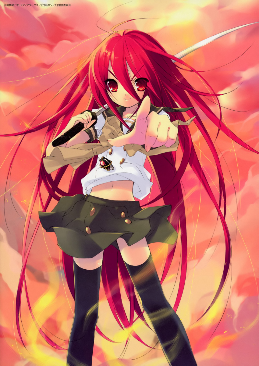 blush highres long_hair midriff noizi_itou seifuku shana thigh_highs