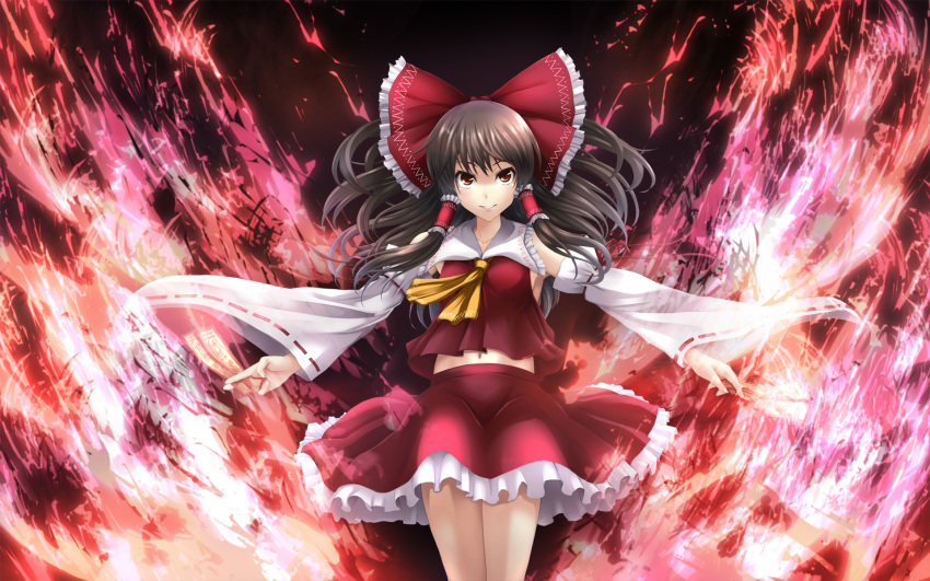 asu_hare between_fingers bow brown_eyes brown_hair detached_sleeves hair_bow hakurei_reimu highres midriff navel ofuda outstretched_arms smile solo spread_arms touhou wallpaper
