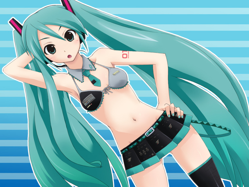 1girl :o aqua_eyes aqua_hair armpits bikini_top blush front-tie_top hand_on_headphones hatsune_miku headphones headset long_hair mameshiba miniskirt necktie skirt solo thighhighs twintails very_long_hair vocaloid zettai_ryouiki