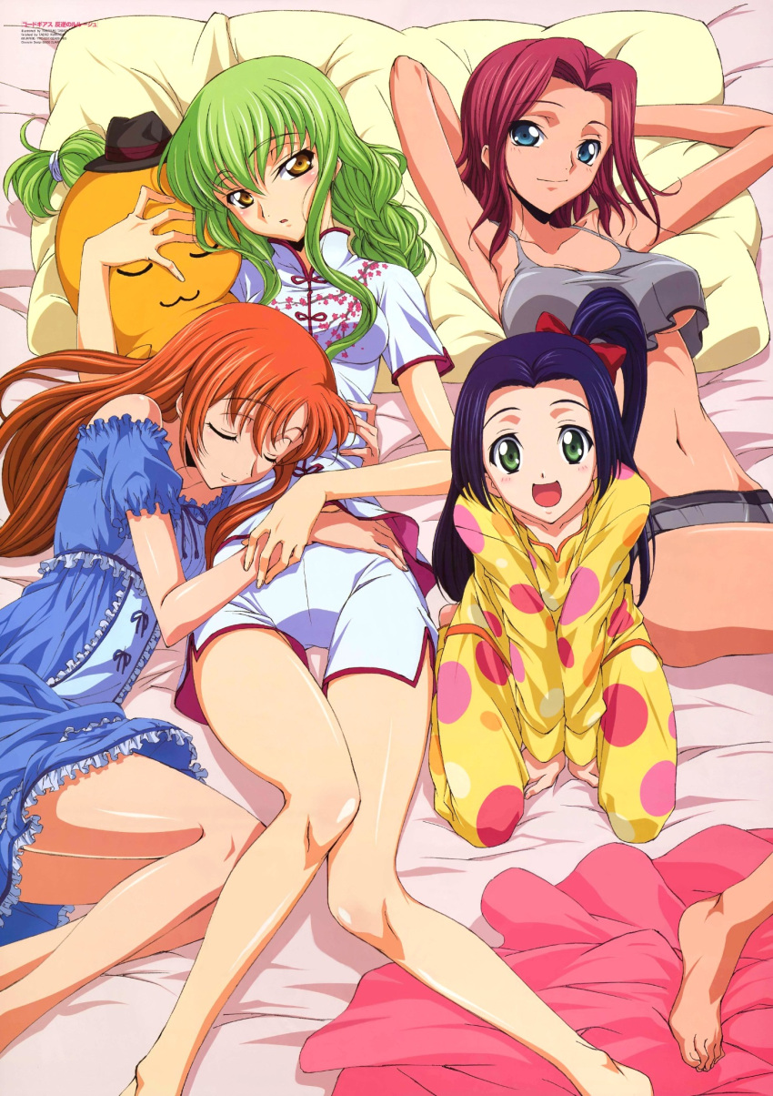 4girls amber_eyes barefoot blue_eyes blue_hair cc code_geass dress flat_chest green_eyes green_hair kallen_stadtfeld karen_kouzaki long_hair multiple_girls official_art pajamas pink_hair redhead shirley_fenette short_hair shorts side_ponytail underboob