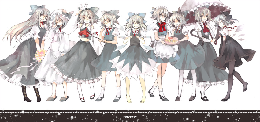 alternate_hairstyle animal_ears barefoot bespectacled boots bow cake cat_ears cat_tail catgirl chen chen_(cosplay) cirno clone cosplay detached_sleeves dress elbow_gloves food glasses gloves hair_bow hakurei_reimu hakurei_reimu_(cosplay) hat highres hina_(pico) izayoi_sakuya izayoi_sakuya_(cosplay) kamishirasawa_keine kamishirasawa_keine_(cosplay) kazami_yuuka kazami_yuuka_(cosplay) long_hair maid midriff navel ofuda pajamas pantyhose pastry patchouli_knowledge patchouli_knowledge_(cosplay) ribbons short_hair slippers tail touhou umbrella wallpaper wings wink