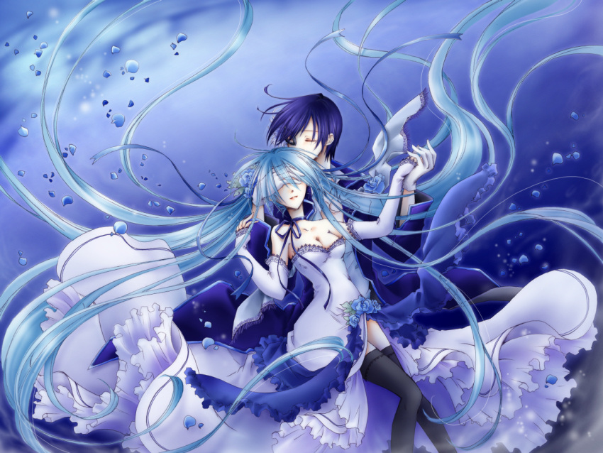 blue_hair breasts cantarella_(vocaloid) cleavage covering_eyes dress elbow_gloves flower fujie gloves hair_flower hair_ornament hair_ribbon hatsune_miku holding_hands kaito long_hair ribbon rose thighhighs twintails very_long_hair vocaloid white_dress zettai_ryouiki