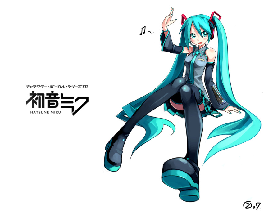 aqua_hair bail blush boots detached_sleeves hatsune_miku headset legs long_hair musical_note nail_polish necktie skirt solo thigh_boots thigh_highs thighhighs twintails uniform very_long_hair vocaloid wallpaper zettai_ryouiki