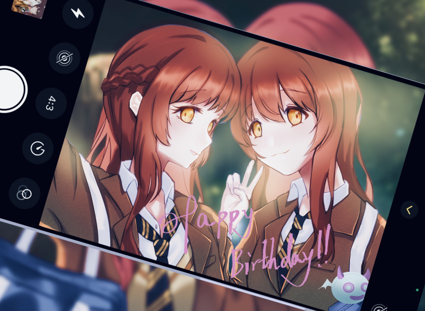 2girls absurdres beige_sweater blue_neckwear brown_eyes brown_hair collared_shirt eyebrows_visible_through_hair from_above gradient gradient_background grey_jacket hair_between_eyes hands_clasped highres idolmaster idolmaster_shiny_colors jacket long_hair looking_at_viewer multiple_girls one_eye_closed oosaki_amana oosaki_tenka open_mouth own_hands_together plaid plaid_skirt pleated_skirt school_uniform shirt siblings sidelocks skirt standing straight_hair striped striped_neckwear tokufumi twins white_shirt yoidzuki_shigure