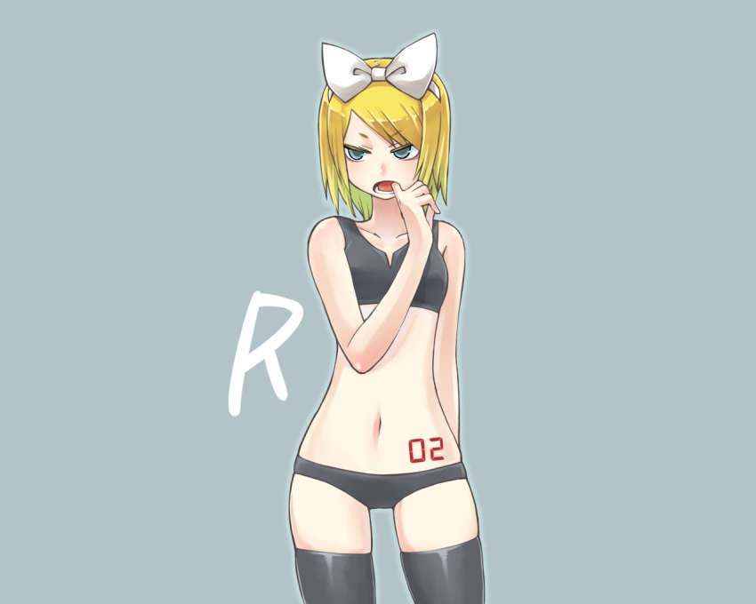 1girl black_bra black_legwear black_panties black_thighhighs blonde_hair blue_eyes blush bow bra chan_co collarbone eyebrows_visible_through_hair female finger_in_mouth gray hair_bow kagamine_rin lingerie lower_teeth midriff navel open_mouth panties short_hair simple_background solo tattoo thigh_highs thighhighs vocaloid white_bow