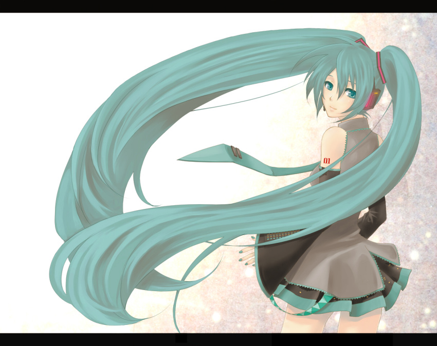 blue_eyes blue_hair detached_sleeves hatsune_miku headset ladybird8n long_hair necktie skirt solo twintails very_long_hair vocaloid