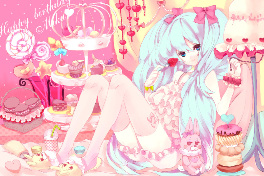 1girl apple aqua_hair bad_id blue_eyes cake doughnut food fork fruit hatsune_miku heart holding holding_fork kajiami lamp long_hair lots_of_laugh_(vocaloid) macaron pastry sitting smile solo strawberry stuffed_animal stuffed_toy thighhighs twintails very_long_hair vocaloid