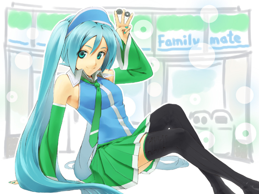 aqua_eyes aqua_hair beltamoro detached_sleeves hatsune_miku long_hair money necktie skirt smile solo thighhighs twintails very_long_hair vocaloid zettai_ryouiki