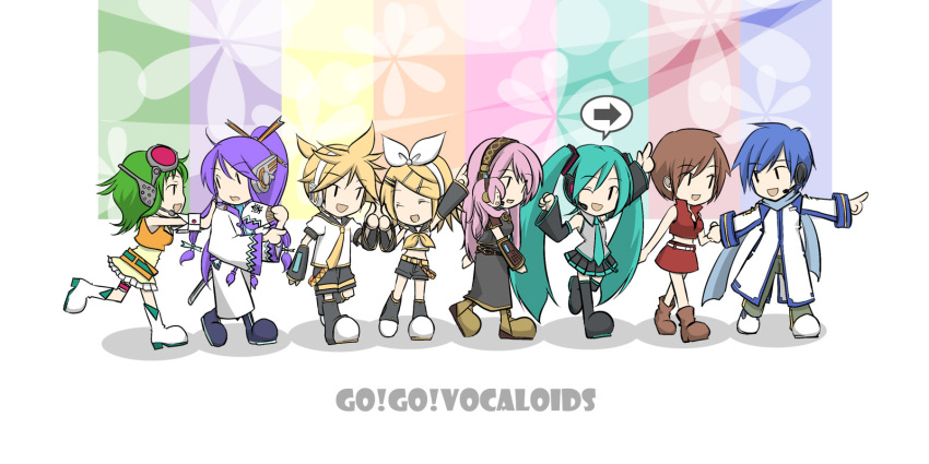 blonde_hair blue_hair boots brown_hair chibi detached_sleeves everyone fan goggles green_hair gumi hair_ornament hair_ribbon hairclip hatsune_miku headphones headset highres kagamine_len kagamine_rin kaito kamui_gakupo long_hair megurine_luka meiko midriff necktie pink_hair ponytail purple_hair ribbon scarf short_hair shorts siblings skirt smile takoluka thighhighs tomo-graphy twins twintails vocaloid wink