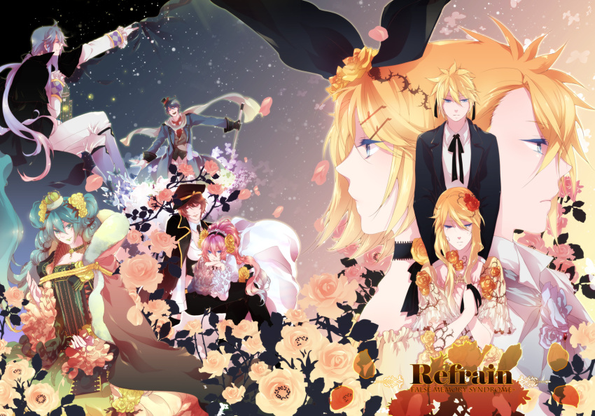 blonde_hair blue_eyes blue_hair brown_eyes brown_hair cape crown dress flower formal hair_ribbon hairband hat hatsune_miku highres kagamine_len kagamine_rin kaito kamui_gakupo megurine_luka meiko mini_top_hat mirunai necktie pink_hair ponytail purple_hair ribbon rose short_hair smile suit top_hat twintails vocaloid