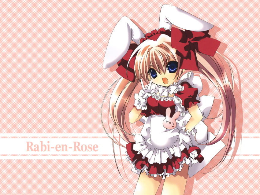 animal_ears blue_eyes bow bowtie bunny_ears bunnygirl di_gi_charat frills gathers hair_bow hand_on_hip headdress highres koge_donbo large_bow long_hair open_mouth rabi_en_rose solo usada_hikaru v very_long_hair wallpaper