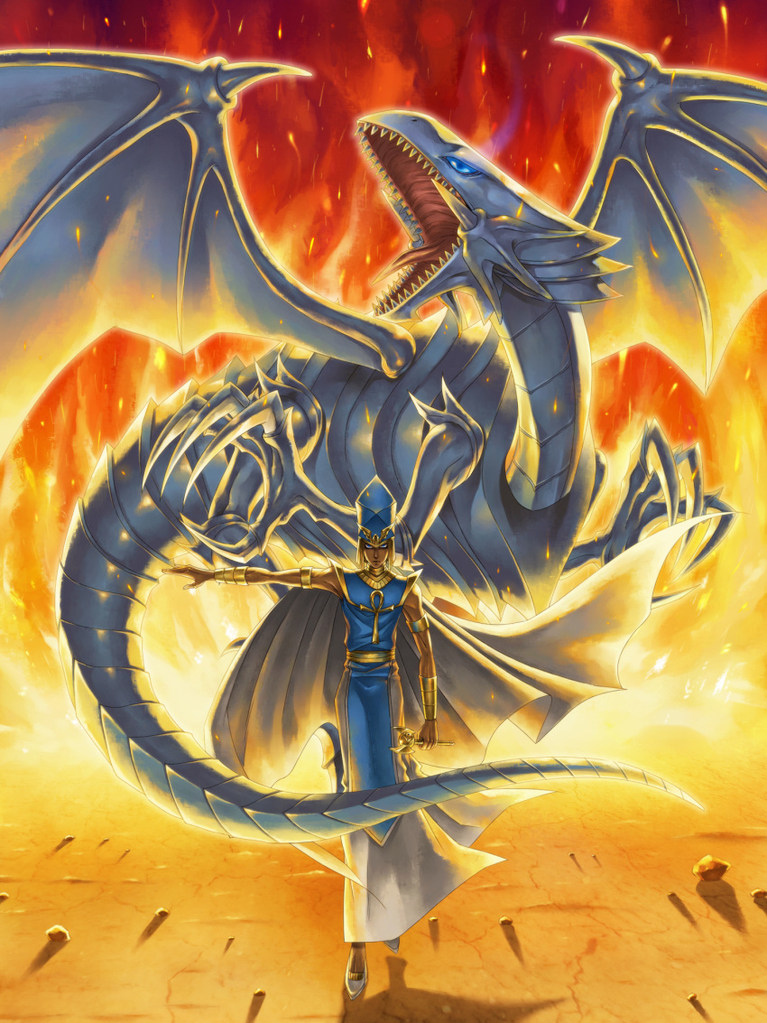 blue_eyes_white_dragon dragon fire highres kaiba_seto male yu-gi-oh! yuu-gi-ou yuu-gi-ou_duel_monsters