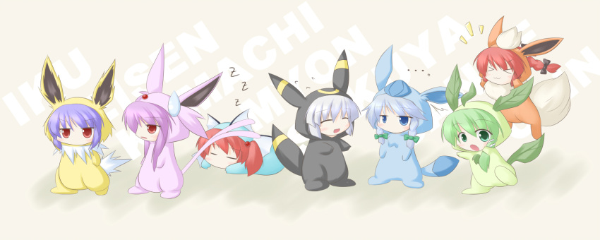 &gt;:3 &gt;_&lt; costume espeon flareon glaceon highres hong_meiling izayoi_sakuya jolteon kaenbyou_rin kochiya_sanae konpaku_youmu leafeon miyo_(miyomiyo01) nagae_iku onozuka_komachi patchouli_knowledge pokemon reisen_udongein_inaba remilia_scarlet saturday_night_fever touhou umbreon vaporeon x3