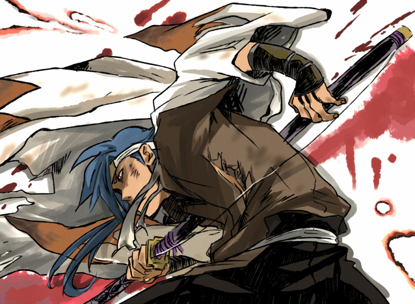 blue_hair cloak headband hunched_over japanese_clothes kamina male red_eyes sword tehryu tengen_toppa_gurren_lagann weapon