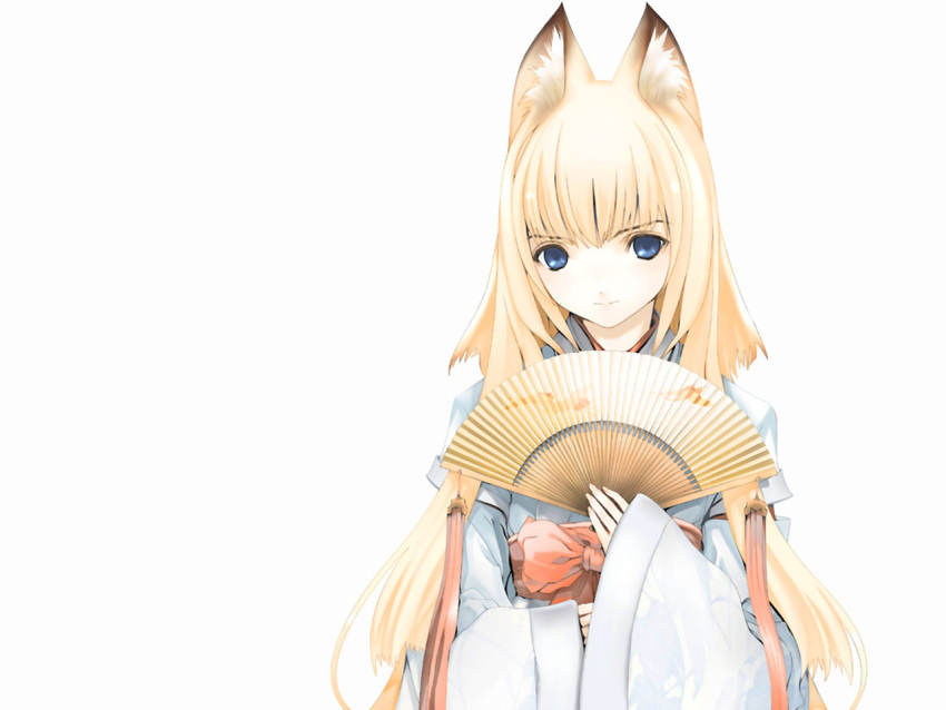 asobi_ni_iku_yo! blonde_hair blue_eyes eris_(asobi_ni_iku_yo!) fan folding_fan fox_ears houden_eizou japanese_clothes long_hair miko tenko_kuugen wagaya_no_oinari-sama