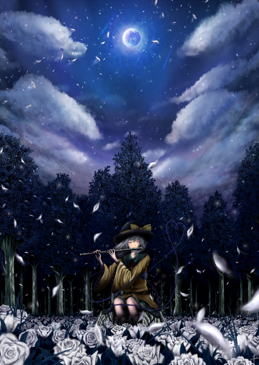 cloud clouds flower flute forest grey_hair hat heart highres instrument komeiji_koishi meteor meteor_shower moon moonlight nature petals playing_instrument rose shooting_star sitting sky solo soori star star_(sky) starry_sky tears touhou tree white_rose