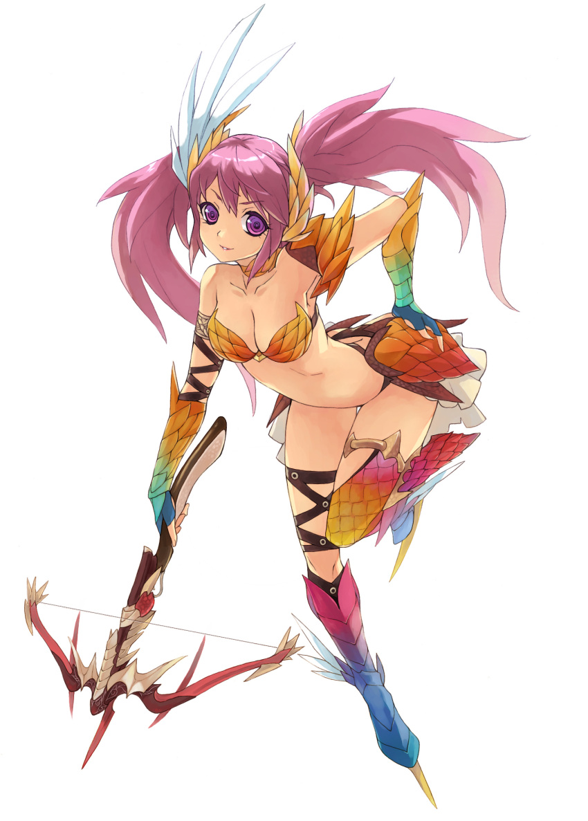 bent_over bow_(weapon) breasts cleavage crossbow hand_on_hip highres long_hair original penguin_caee pink_eyes pink_hair simple_background smile solo twintails weapon