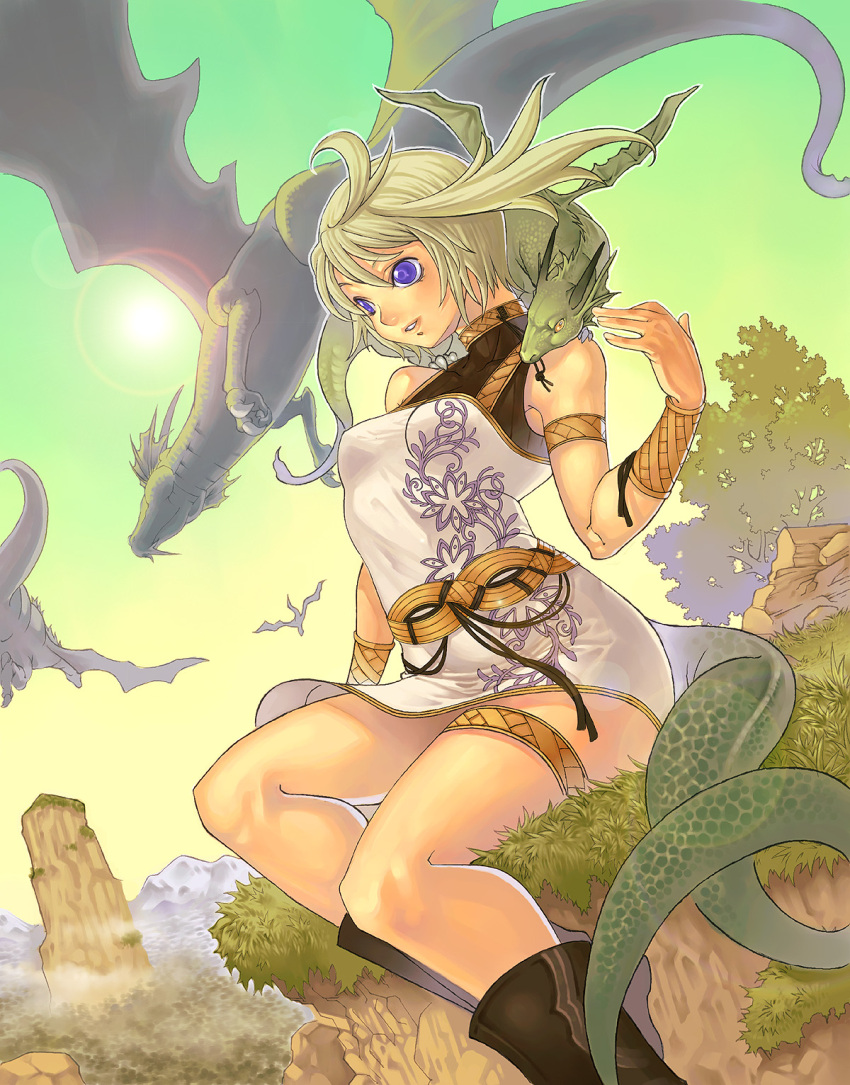 blonde_hair blue_eyes dragon dragon_girl giantess highres katsutake monster_girl original solo tail