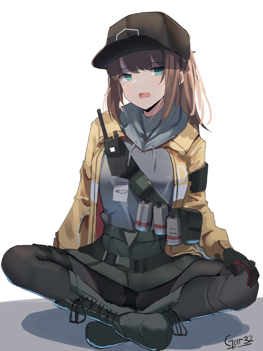 1girl absurdres baseball_cap belt_pouch black_headwear black_panties boots brown_hair brown_legwear dima_(girls_frontline) flashback full_body gar32 girls_frontline green_eyes green_footwear green_skirt grey_hoodie hat highres hood hoodie indian_style jacket looking_at_viewer miniskirt open_clothes open_jacket open_mouth panties pantyhose ponytail pouch shoulder_belt signature simple_background sitting skirt solo thigh_strap tom_clancy's_the_division underwear walkie-talkie white_background yellow_jacket