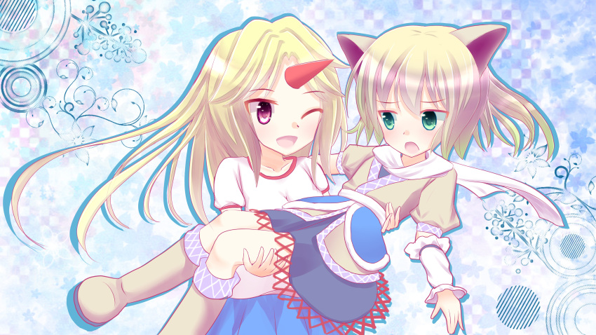 2girls absurdres animal_ears arm_warmers blonde_hair blouse boots carrying cat_ears checkered checkered_background choko_(mixberry_parfait) eye_contact floral_background gradient gradient_background green_eyes highres horn hoshiguma_yuugi kemonomimi_mode long_hair looking_at_another mizuhashi_parsee multiple_girls open_mouth princess_carry puffy_short_sleeves puffy_sleeves red_eyes scarf shadow short_hair short_sleeves skirt touhou wink