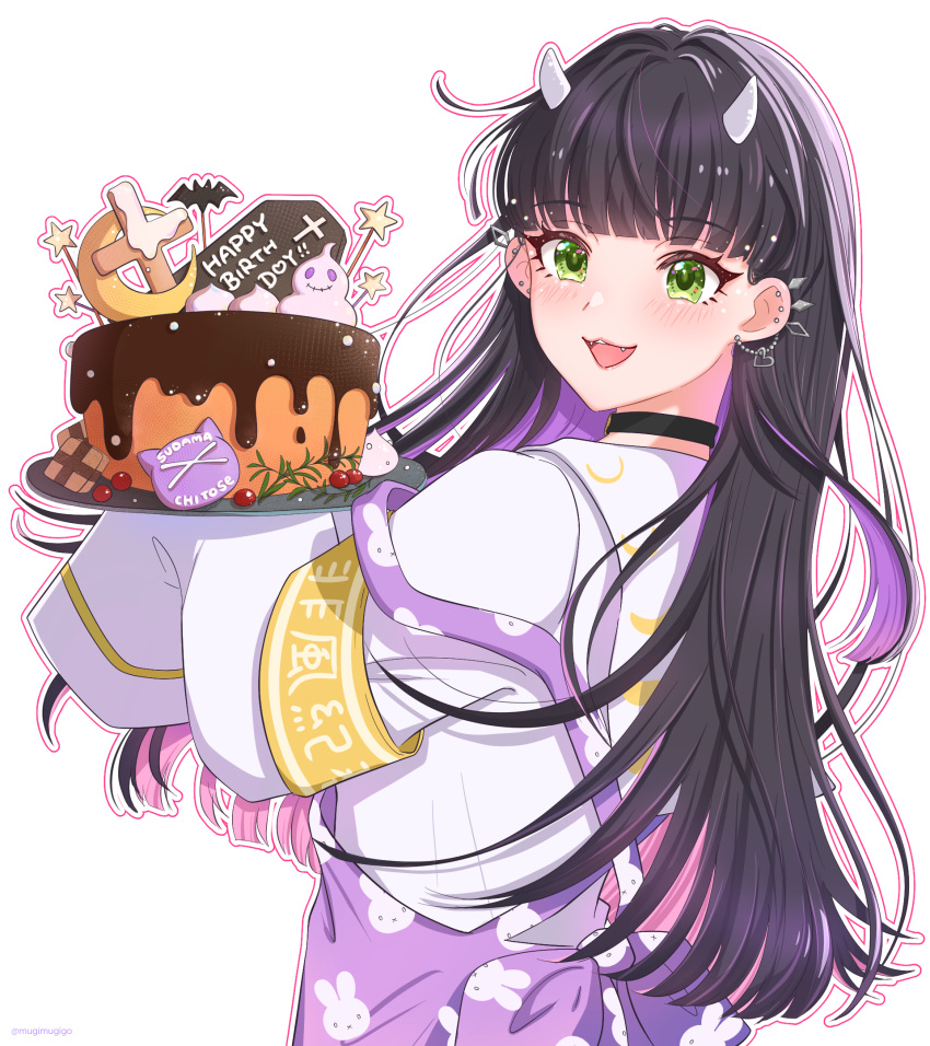 1girl :3 armband bangs black_choker black_hair cake character_name choker cross ear_piercing fangs food from_side green_eyes hair_behind_ear happy_birthday highres holding holding_plate horns indie_virtual_youtuber long_hair mugimugigo open_mouth piercing plate sailor_collar sleeves_past_fingers sleeves_past_wrists smile sudama_chitose transparent_background virtual_youtuber