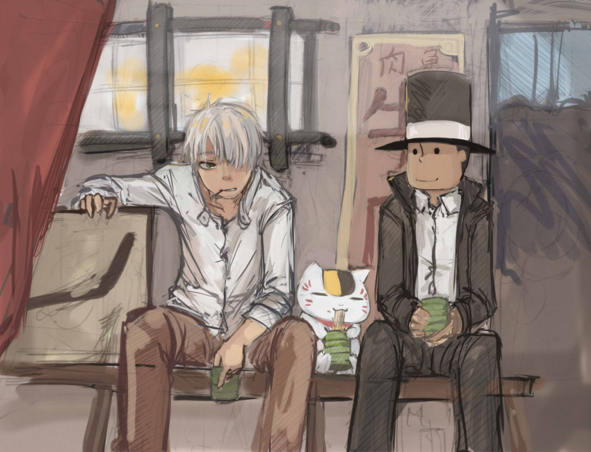 2boys animal cat cigarette drawfag eating ginko green_eyes hat hershel_layton jacket multiple_boys mushishi professor_layton shirt short_hair silver_hair smile top_hat