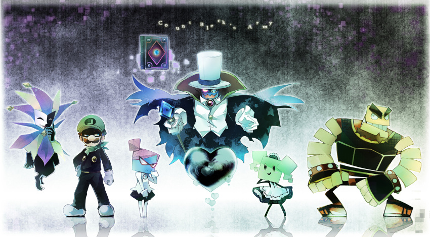 2girls 4boys book count_noir dimentio dodontas hat highres jester kayako_(bimabima) luigi maid manera mister_l multiple_boys multiple_girls nastasia paper_mario super_paper_mario top_hat