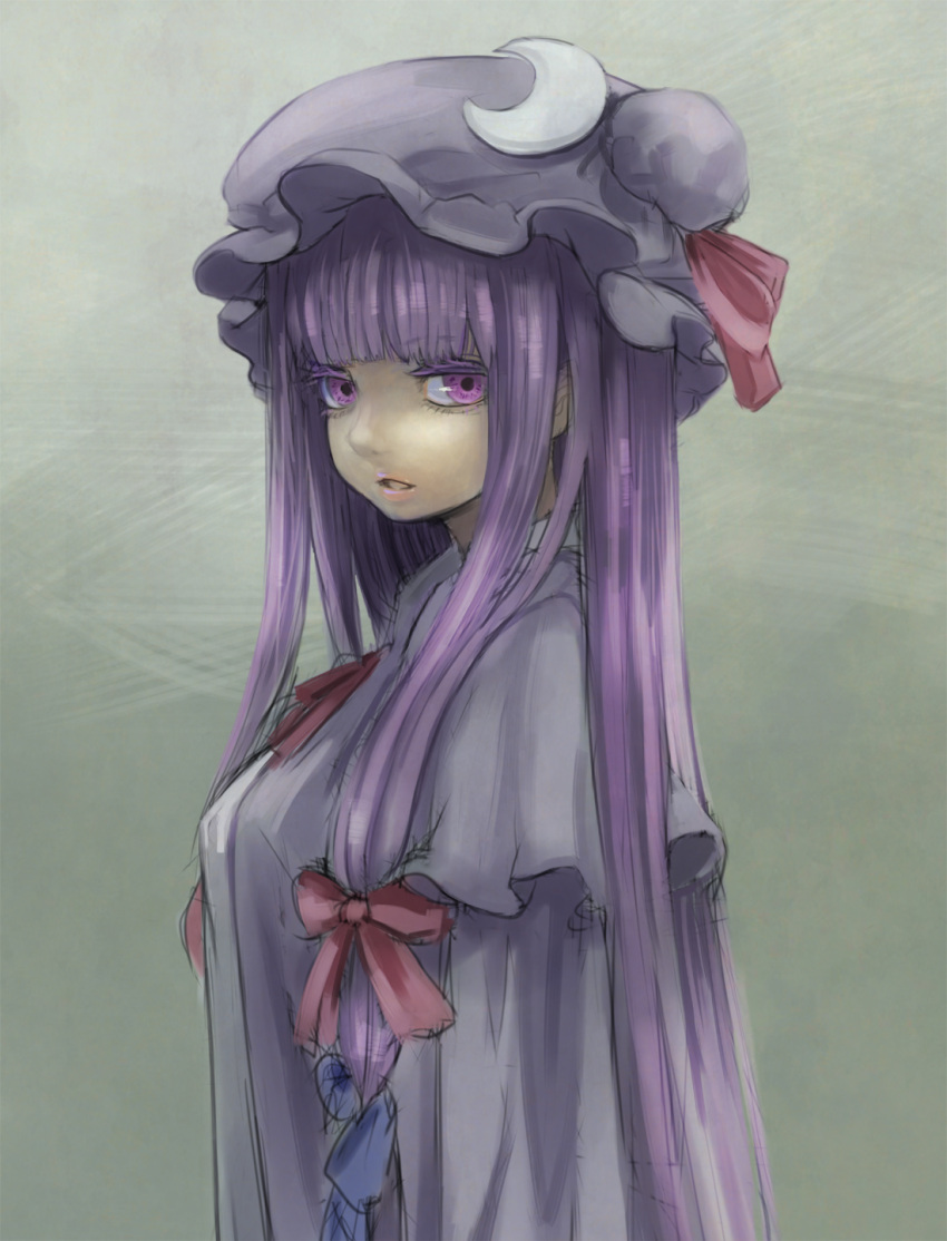 1girl crescent hat highres long_hair looking_at_viewer open_mouth patchouli_knowledge potionu purple_hair simple_background solo touhou violet_eyes