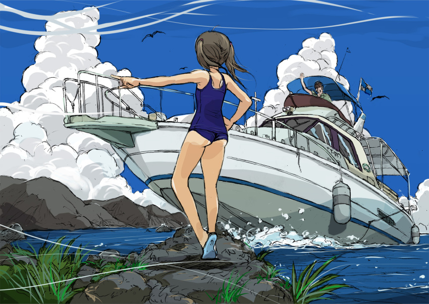 1boy 1girl aoi_zero ass bird black_hair boat clouds from_behind grass hand_on_hip highres ocean original outstretched_arm rock school_swimsuit sky standing swimsuit twintails water yacht