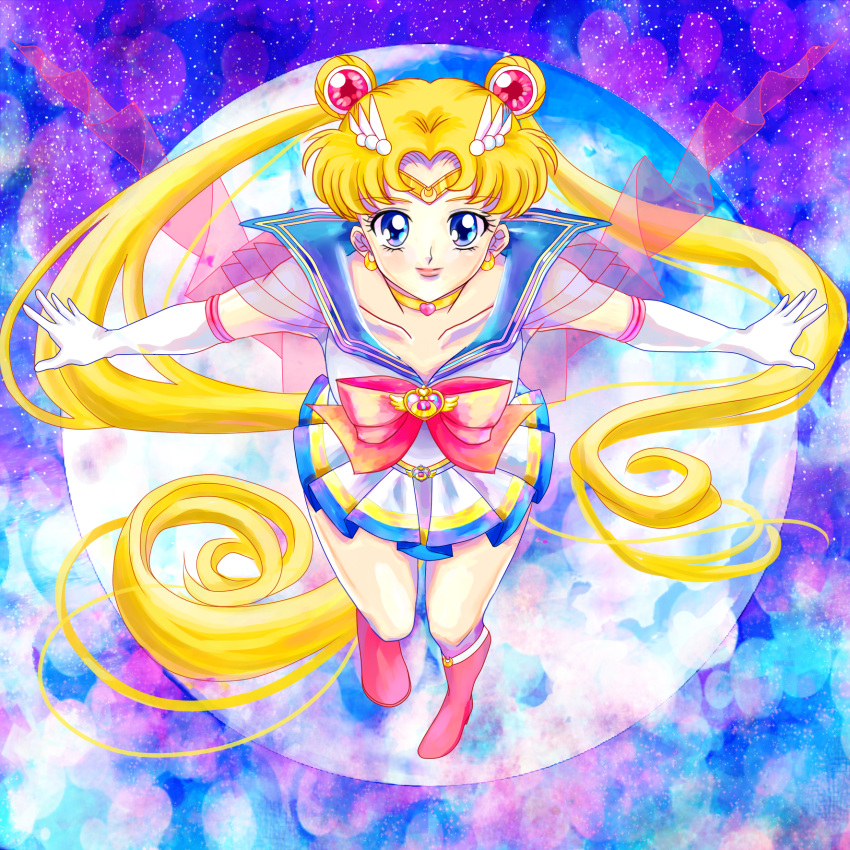 1girl bishoujo_senshi_sailor_moon blonde_hair blue_eyes boots bow brooch choker double_bun earrings elbow_gloves gloves hair_ornament hairpin highres jewelry long_hair magical_girl outstretched_arms pleated_skirt ponze ribbon sailor_collar sailor_moon skirt smile solo spread_arms super_sailor_moon tiara tsukino_usagi twintails white_gloves