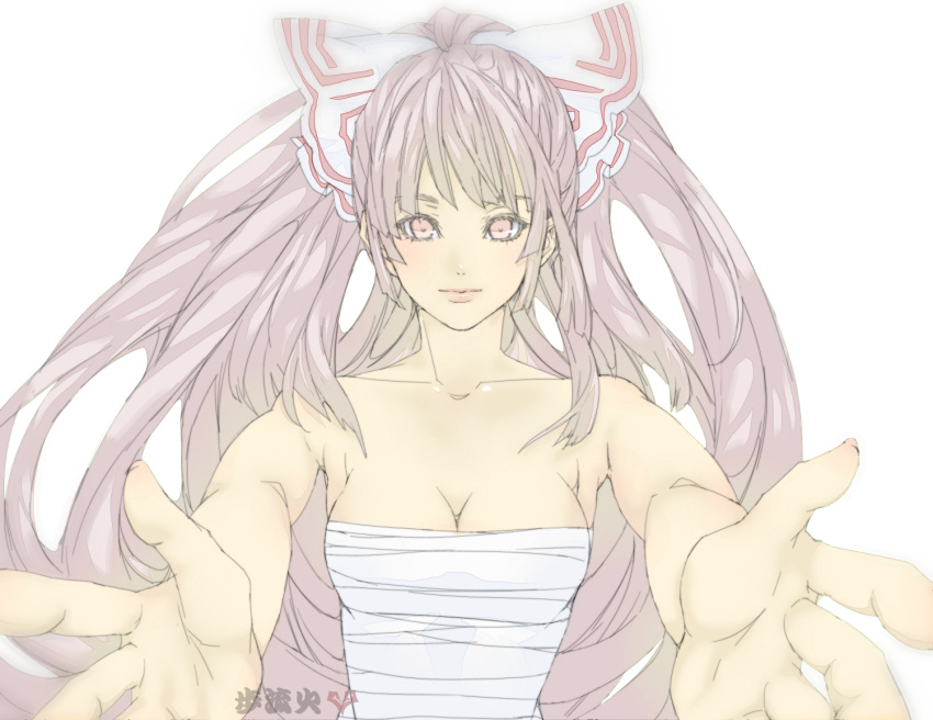 1girl bow breasts cleavage foreshortening fujiwara_no_mokou hair_bow incoming_hug large_breasts long_hair looking_at_viewer outstretched_arms outstretched_hand poruhi red_eyes sarashi silver_hair smile solo touhou very_long_hair white_hair