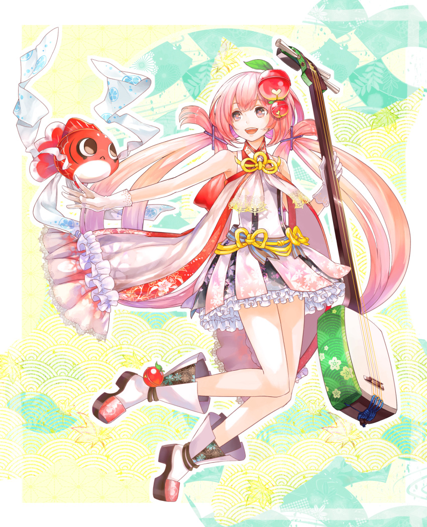 1girl apple comin fish food food_themed_clothes fruit goldfish highres instrument legs original pink_eyes pink_hair shamisen shoes skirt tagme twinbee