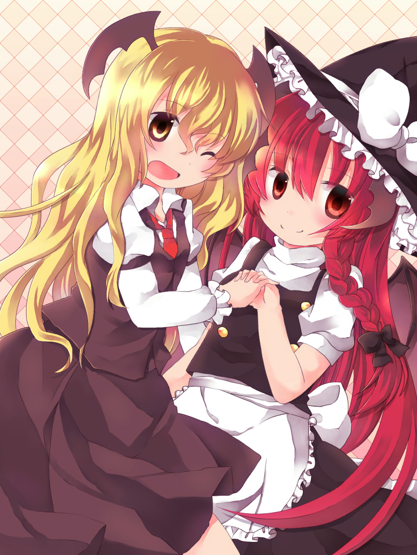 2girls bat_wings blonde_hair braid cosplay costume_switch hands_together hat head_wings highres kirisame_marisa kirisame_marisa_(cosplay) koakuma koakuma_(cosplay) long_hair multiple_girls red_eyes redhead side_braid touhou very_long_hair wavy_hair wings wink witch_hat y_chan6262 yellow_eyes