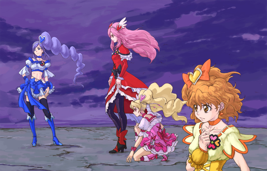 4girls aono_miki arm_warmers black_legwear blonde_hair blue_dress blue_eyes blue_hair boots bow brown_eyes brown_hair choker corset cure_berry cure_passion cure_peach cure_pine detached_sleeves dress earrings fingerless_gloves fresh_precure! frilled_skirt frills gloves hair_bow hair_ornament hairband head_wings heart higashi_setsuna high_heels highres jewelry long_hair magical_girl midriff momozono_love multiple_girls navel pantyhose pink_dress pink_eyes pink_hair ponytail precure red_dress red_eyes ribbon serious shoes short_hair side_ponytail skirt smile standing thigh-highs thigh_boots tiara twintails uyoshi wink wrist_cuffs yamabuki_inori yellow_dress