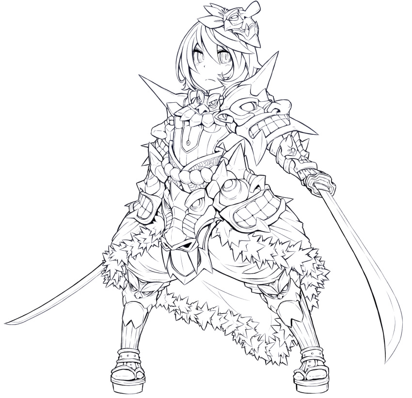armor dual_wielding highres lineart monochrome original ros sandals short_hair solo sword weapon