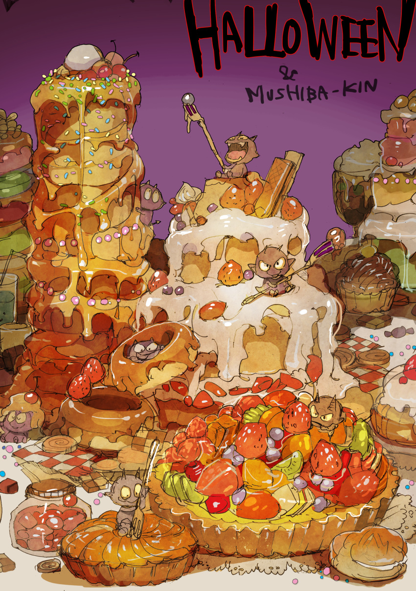 absurdres bacteria cake candy checkerboard_cookie cherry chocolate cookie cupcake demon_horns demon_tail dessert food fork fruit halloween highres icing in_food no_humans original pastry pie pone sprinkles strawberry syrup tail