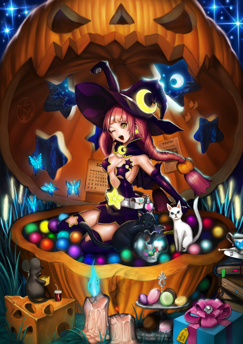 1girl absurdres bare_shoulders butterfly candle candy cat elbow_gloves gloves halloween hat highres jack-o'-lantern long_hair mouse open_mouth original pink_hair pumpkin silvester solo stretch thigh-highs wink witch witch_hat