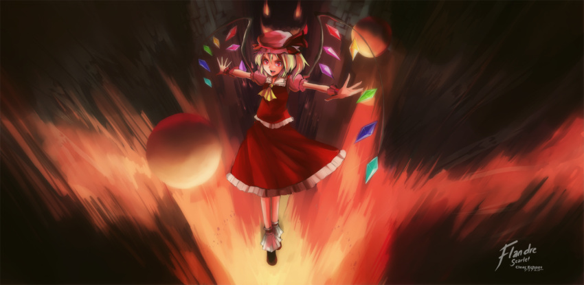 1girl artist_name ascot bow character_name clear_echoes dress fire flandre_scarlet hair_bow hat moon red_moon solo touhou wings