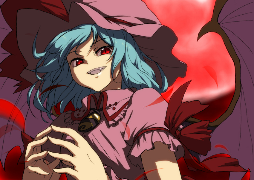 1girl arm_ribbon bat_wings blue_hair brooch bust dress fangs fingers_together grin hat hat_ribbon hiseki_(tknkkm) jewelry looking_at_viewer pink_dress puffy_sleeves red_eyes remilia_scarlet ribbon short_sleeves slit_pupils smile solo touhou vampire wings