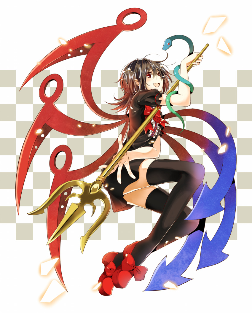 1girl asymmetrical_wings black_dress black_hair black_legwear bow checkered checkered_background danzero dress highres houjuu_nue open_mouth polearm red_eyes red_shoes shoes smile snake solo thigh-highs touhou trident weapon wings zettai_ryouiki
