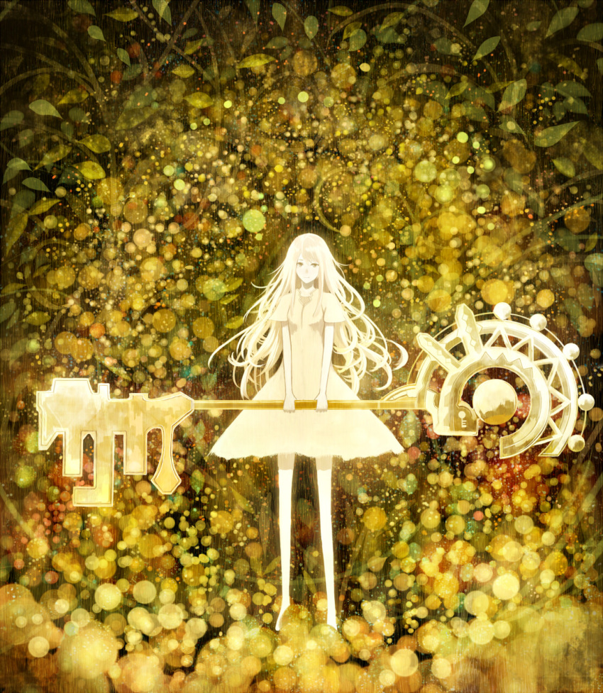 1girl blurry bokeh bou_nin depth_of_field expressionless highres holding key leaf long_hair looking_at_viewer original oversized_object solo standing