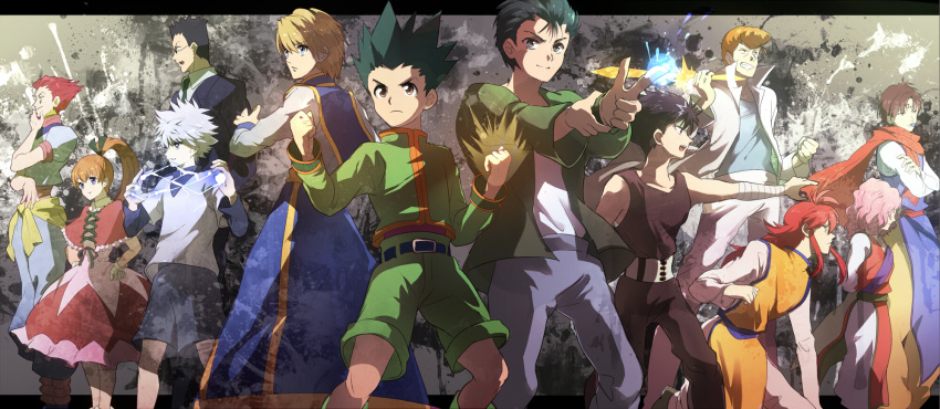 2girls 6+boys bandages biscuit_krueger black_hair blue_eyes brown_hair business_suit capelet creator_connection dress dress_shirt electricity genaki gon_freecss hands_on_hips hiei highres hisoka hunter_x_hunter jacket killua_zoldyck koenma kurama kurapika kuwabara_kazuma leorio long_hair looking_at_viewer multiple_boys multiple_girls necktie ouri pants pink_hair ponytail red_dress redhead shirt short_hair shorts smile spiky_hair standing sunglasses tank_top urameshi_yuusuke white_hair white_shirt yuu_yuu_hakusho