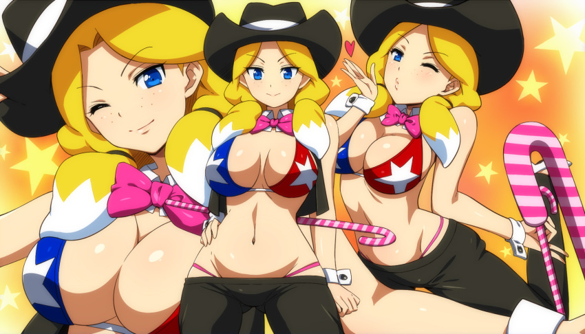 1girl ;) bikini_top blonde_hair blown_kiss blue_eyes blush bowtie breasts cane cleavage danball_senki freckles hairu hand_on_hip hat heart highres jessica_kaios large_breasts leg_up looking_at_viewer lowleg lowleg_pants mound_of_venus navel pants star striped twintails wink wrist_cuffs