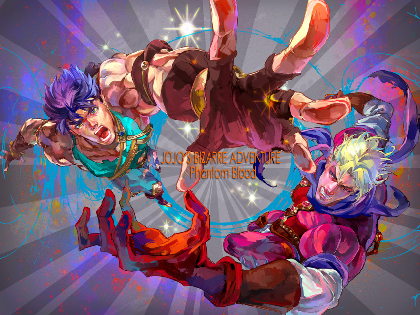 2boys atbk blonde_hair blue_eyes blue_hair dio_brando fingerless_gloves foreshortening gloves jojo_no_kimyou_na_bouken jonathan_joestar multiple_boys outstretched_hand title_drop