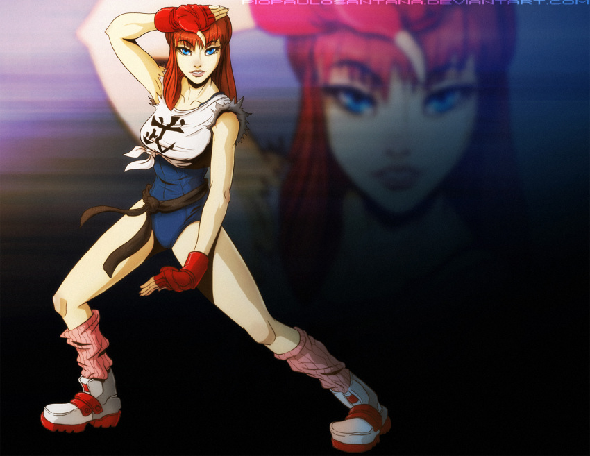1girl alternate_costume belt blue_eyes breasts dead_or_alive fighting_stance fingerless_gloves gloves hitomi large_breasts lips long_hair loose_socks one-piece_swimsuit pio_paulo_santana redhead sleeveless socks solo swimsuit swimsuit_under_clothes tied_shirt watermark web_address zoom_layer