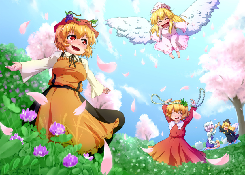 ^_^ aki_minoriko aki_shizuha blonde_hair blush blush_stickers cherry_blossoms closed_eyes cup dress dress_shirt drink flower flower_wreath hat highres lavender_hair leaf leaf_on_head letty_whiterock lily_black lily_white long_hair open_mouth outstretched_arms petals red_dress red_eyes seiyuu_connection shirt short_hair siblings sisters skirt smile touhou waribaship white_dress wings