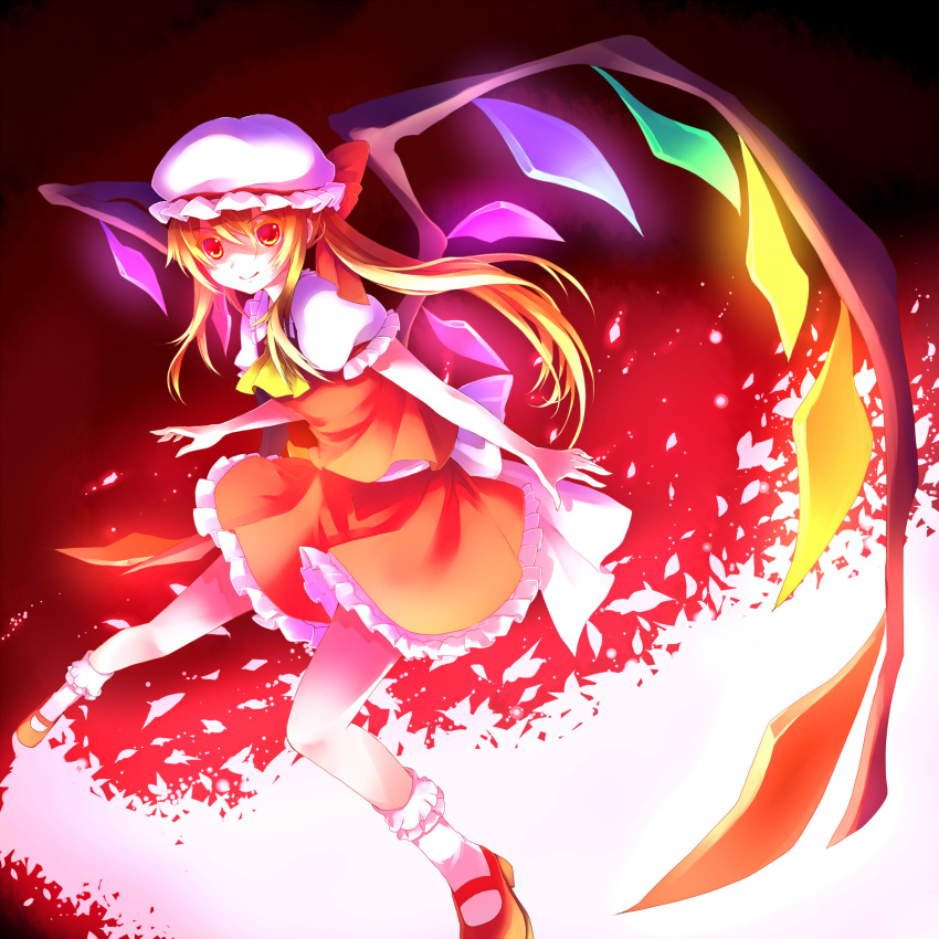 1girl blonde_hair dress flandre_scarlet hat highres long_hair looking_at_viewer myaaco red_dress red_eyes side_ponytail smile solo touhou wings